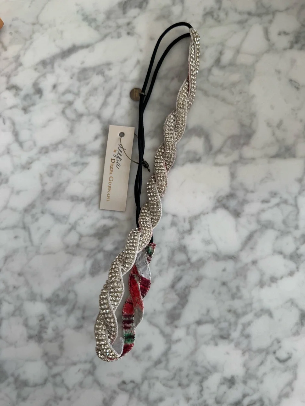 Deepa Gurnani Rhinestone Metallic Braided Elastic Headband NWT